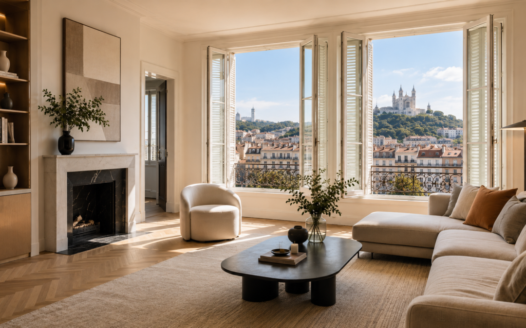 Appartement lyonnais lumineux avec grandes fenêtres et volets, illustrant le confort thermique été comme hiver